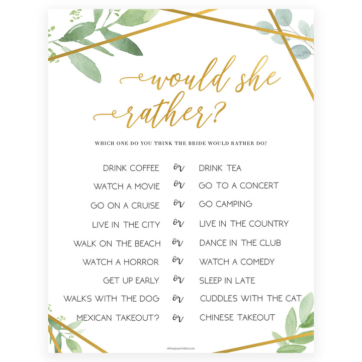 Would She Rather Bridal Game - Gold Greenery