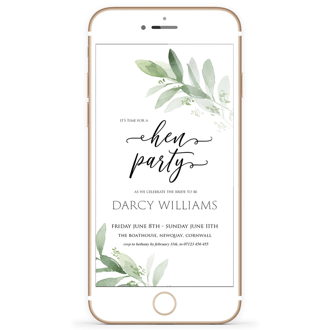 editable hen party invite, hen party mobile invite, greenery bridal shower invite, mobile invites, editable bridal shower invite, corjl bridal invite, bachelorette party invite