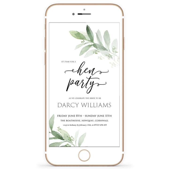 editable hen party invite, hen party mobile invite, greenery bridal shower invite, mobile invites, editable bridal shower invite, corjl bridal invite, bachelorette party invite