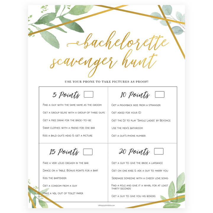 Bachelorette Scavenger Hunt - Gold Greenery