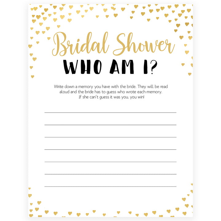 Gold hearts bridal shower games, bridal show am i, printable bridal games, gold bridal games, gold hearts bridal games, fun bridal games, top bridal games, best bridal games
