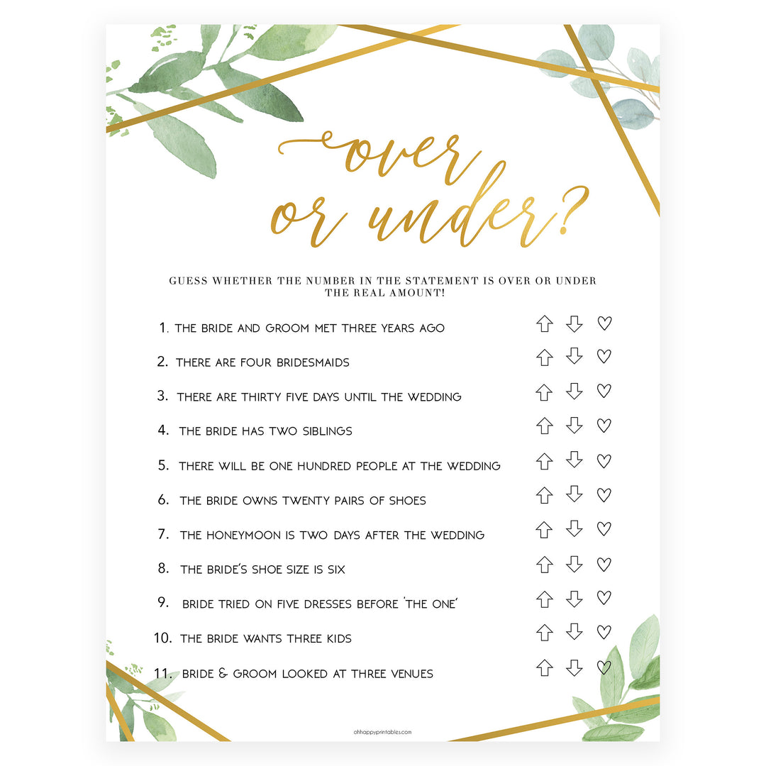 Over or Under Bridal Game - Gold Greenery