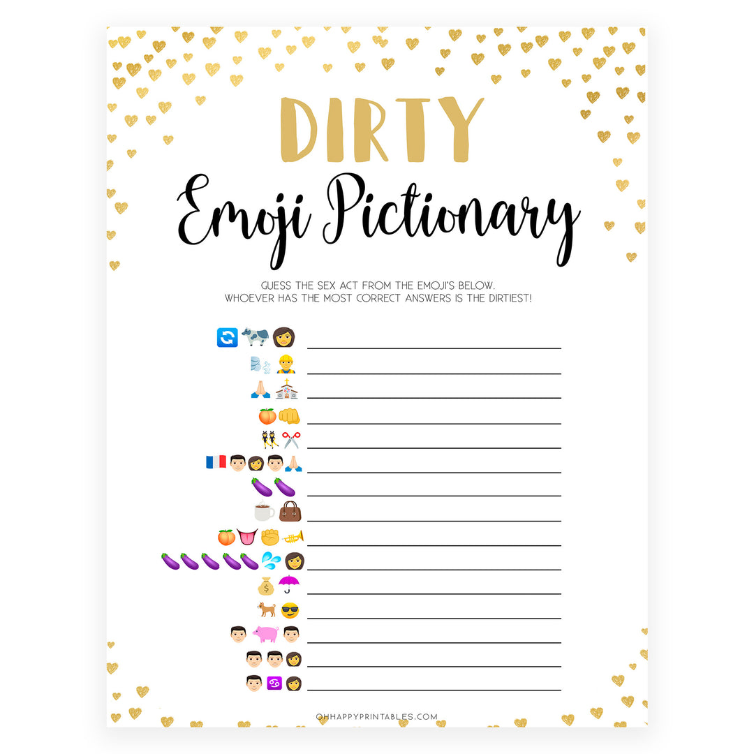Gold hearts bachelorette games, dirty emoji pictionary game, printable bachelorette games, hen party games, top party games, fun bridal shower games, bachelorette party games