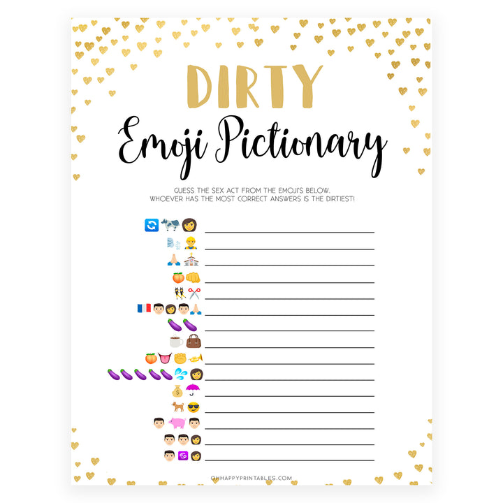 Gold hearts bachelorette games, dirty emoji pictionary game, printable bachelorette games, hen party games, top party games, fun bridal shower games, bachelorette party games