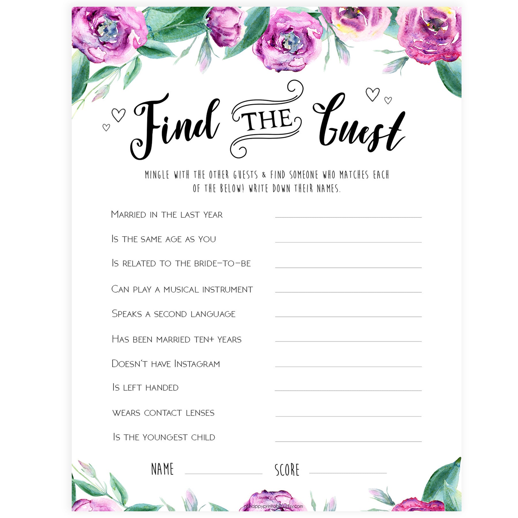 Find The Guest Bridal Game - Purple Peonies