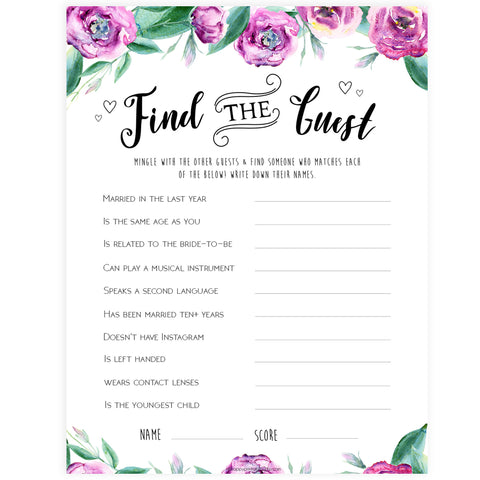 Find The Guest Bridal Game - Purple Peonies