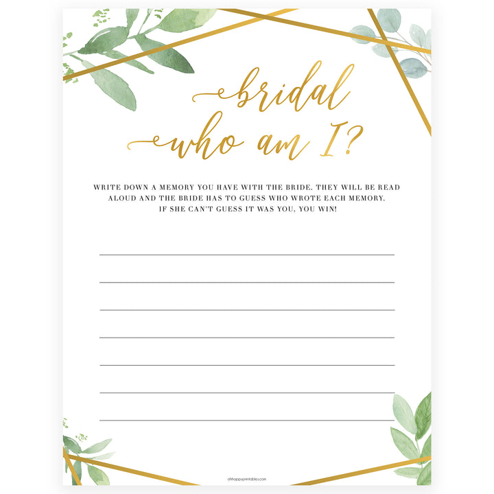 who am i bridal game, Printable bridal shower games, friends bridal shower, gold floral bridal shower games, fun bridal shower games, bridal shower game ideas, floral bridal shower