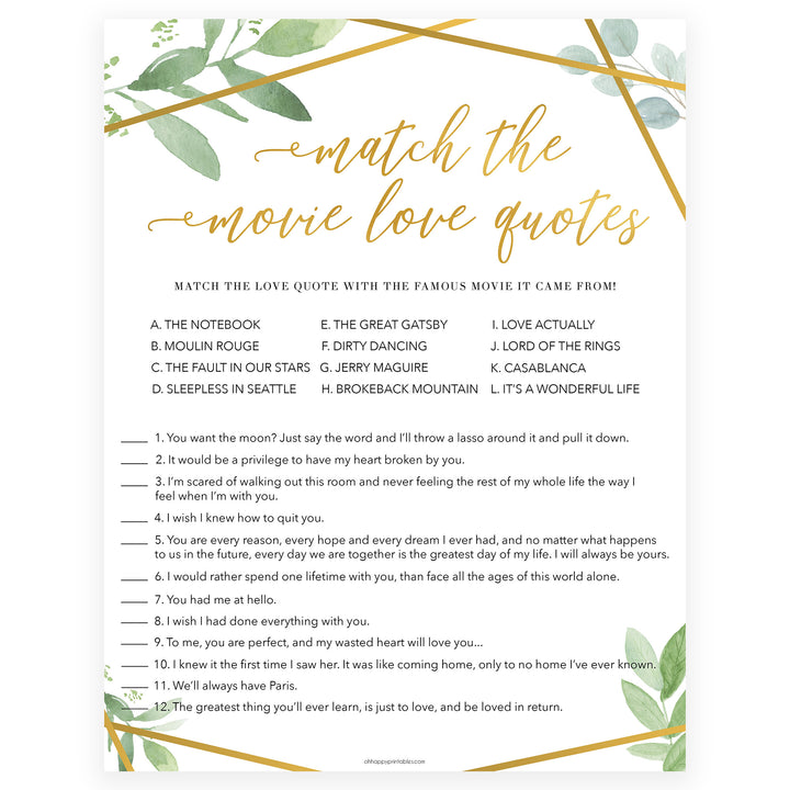 match the movie love quote game, printable bridal shower games, floral bridal shower games, gold bridal shower games