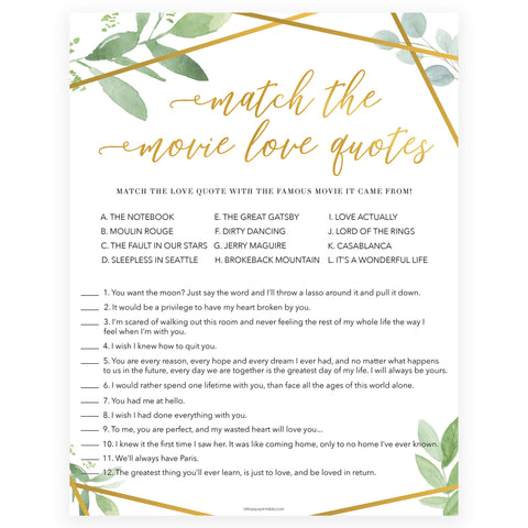 match the movie love quote game, printable bridal shower games, floral bridal shower games, gold bridal shower games