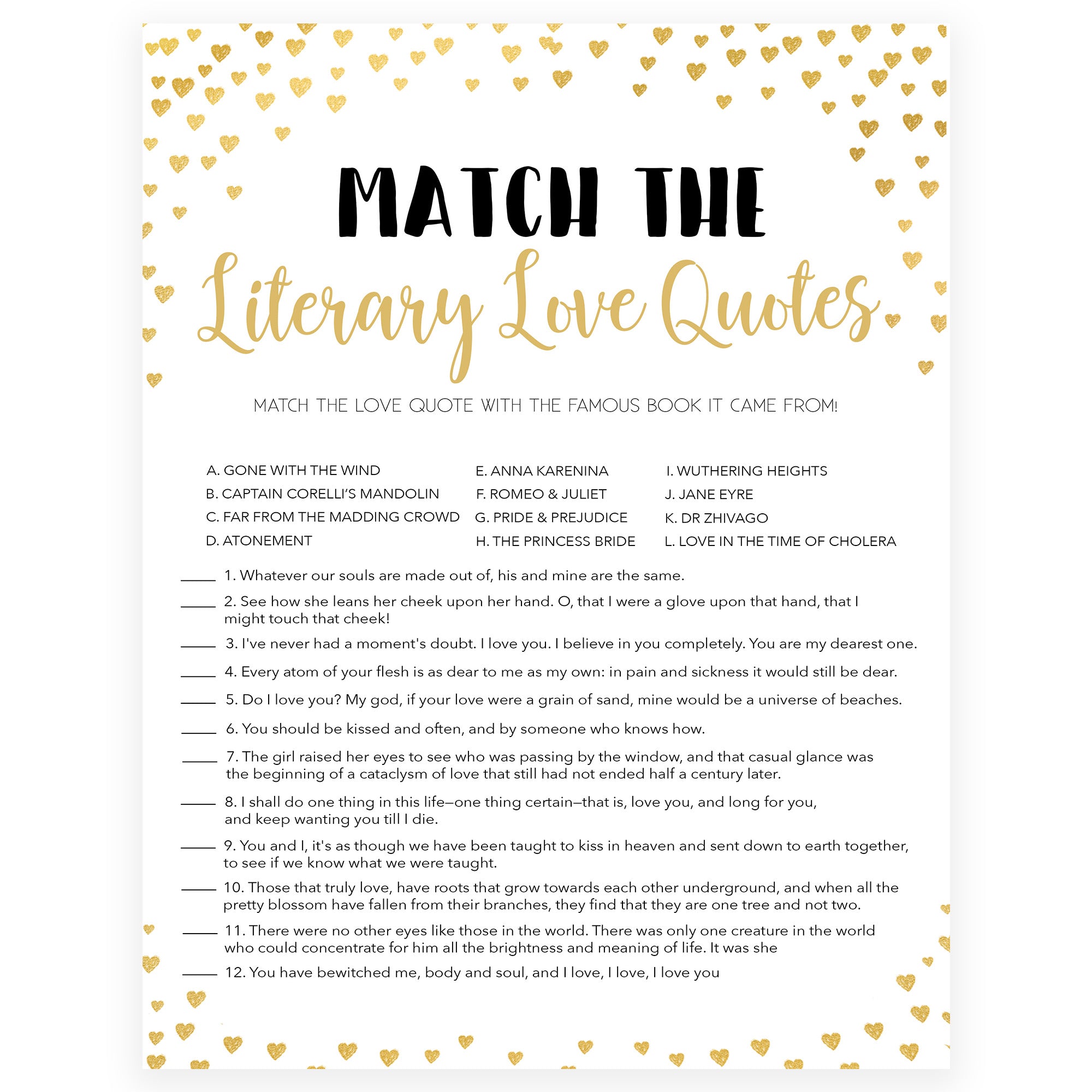 Gold hearts bridal shower games, literary love quotes, printable bridal games, gold bridal games, gold hearts bridal games, fun bridal games, top bridal games, best bridal games