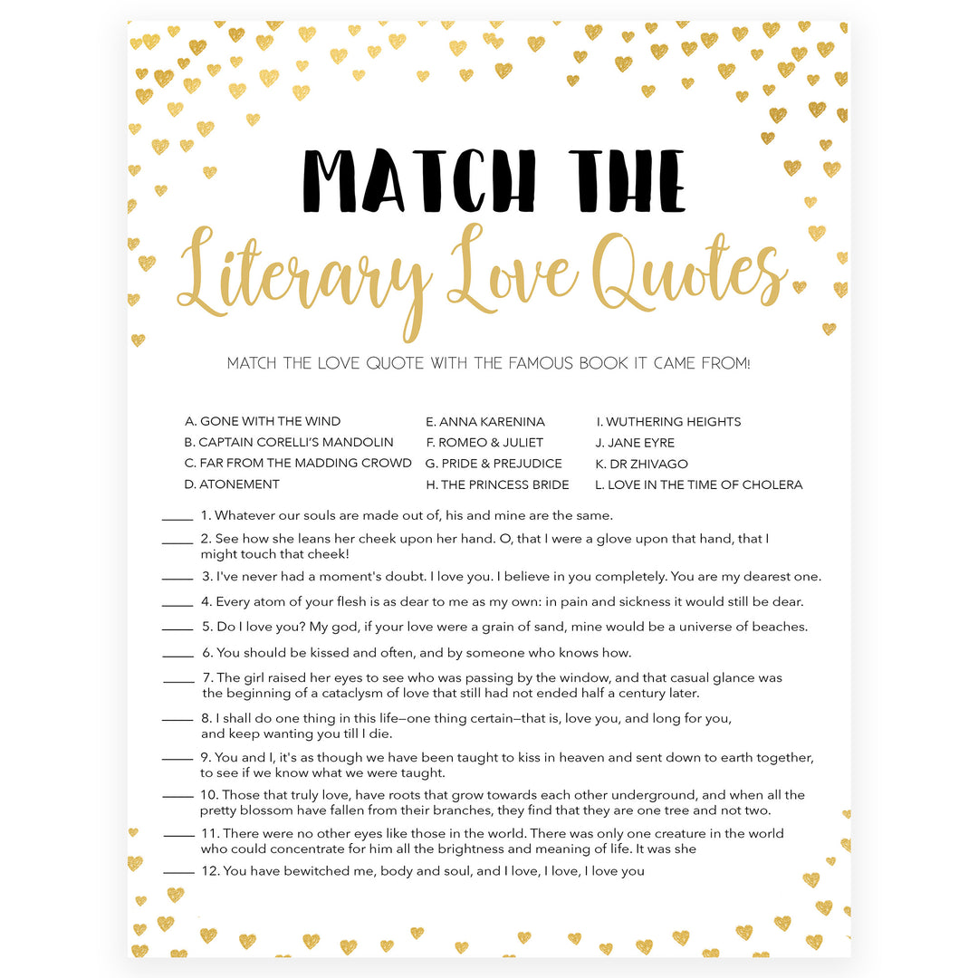 Gold hearts bridal shower games, literary love quotes, printable bridal games, gold bridal games, gold hearts bridal games, fun bridal games, top bridal games, best bridal games