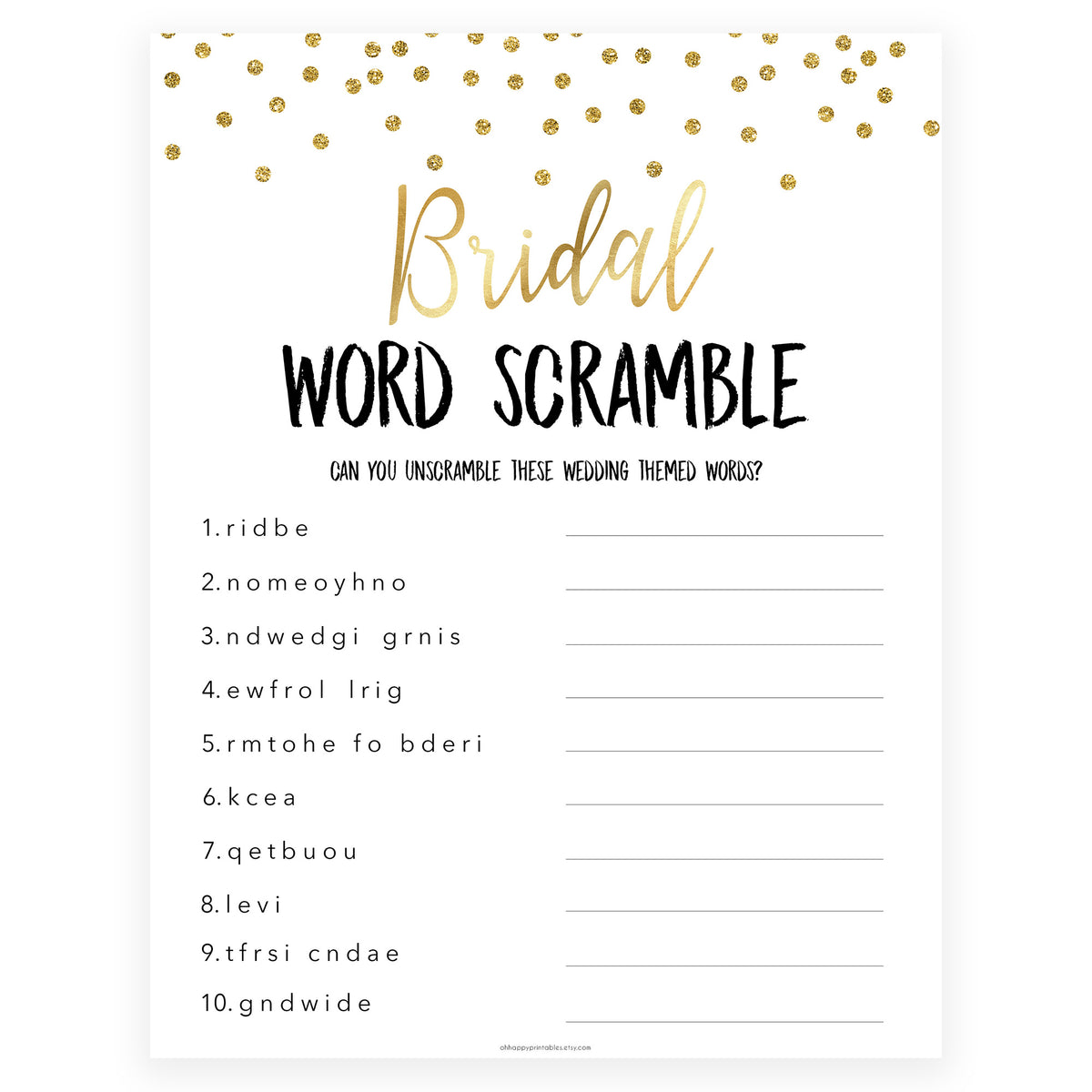 bridal-word-scramble-printable-gold-glitter-bridal-shower-games-ohhappyprintables for Free Printable Bridal Shower Games Word Scramble With Answers Bridal Word Scramble | Printable Gold Glitter Bridal Shower Games – OhHappyPrintables for Free Printable Bridal Shower Games Word Scramble With Answers