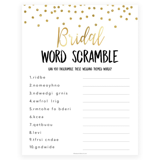 bridal word scramble game, Printable bridal shower games, gold glitter bridal shower, gold glitter bridal shower games, fun bridal shower games, bridal shower game ideas, gold glitter bridal shower