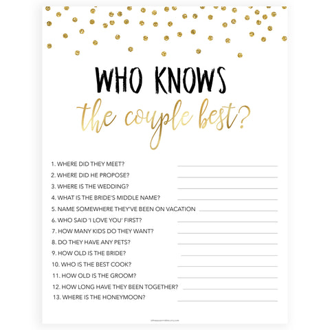 who knows the couple best game, Printable bridal shower games, gold glitter bridal shower, gold glitter bridal shower games, fun bridal shower games, bridal shower game ideas, gold glitter bridal shower