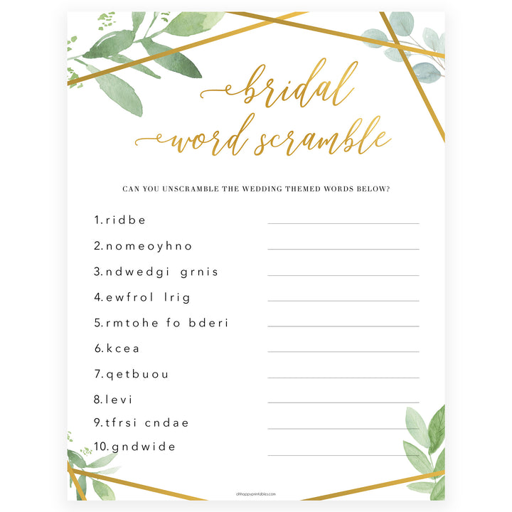bridal shower word scramble game, printable bridal shower games, fun bridal games, floral bridal shower, gold greenery bridal shower games