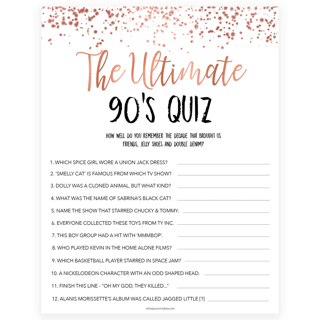 Rose gold bachelorette games, Ultimate 90s Quiz, bachelorette games, bridal shower games, top 10 baby games, fun bachelorette games, top bridal games, rose gold games