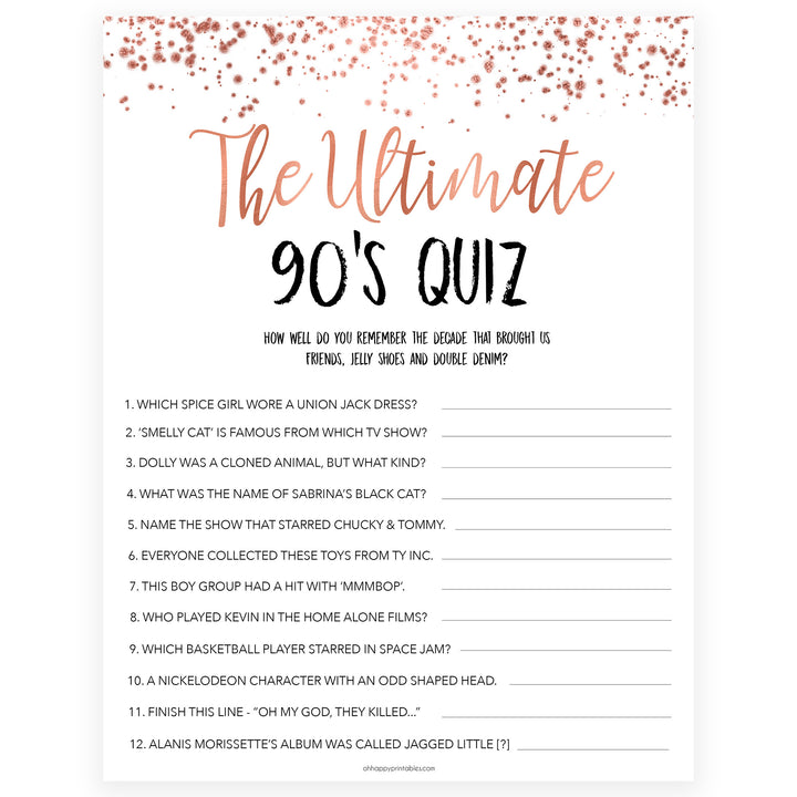 Rose gold bachelorette games, Ultimate 90s Quiz, bachelorette games, bridal shower games, top 10 baby games, fun bachelorette games, top bridal games, rose gold games
