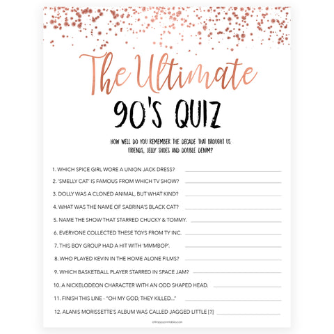 Rose gold bachelorette games, Ultimate 90s Quiz, bachelorette games, bridal shower games, top 10 baby games, fun bachelorette games, top bridal games, rose gold games