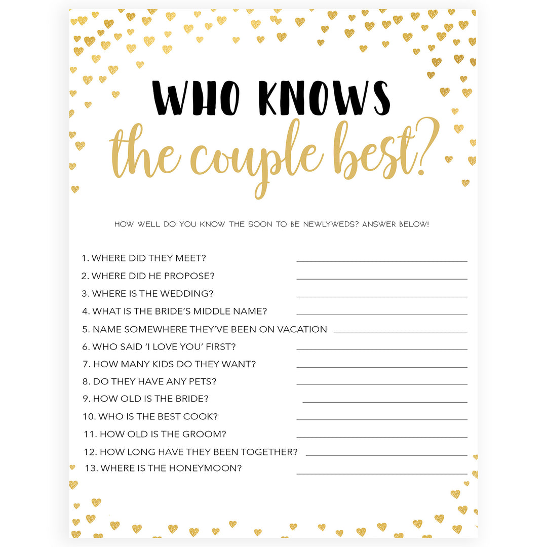 Gold hearts bridal shower games, who knows the couple best, printable bridal games, gold bridal games, gold hearts bridal games, fun bridal games, top bridal games, best bridal games