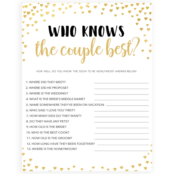 Gold hearts bridal shower games, who knows the couple best, printable bridal games, gold bridal games, gold hearts bridal games, fun bridal games, top bridal games, best bridal games