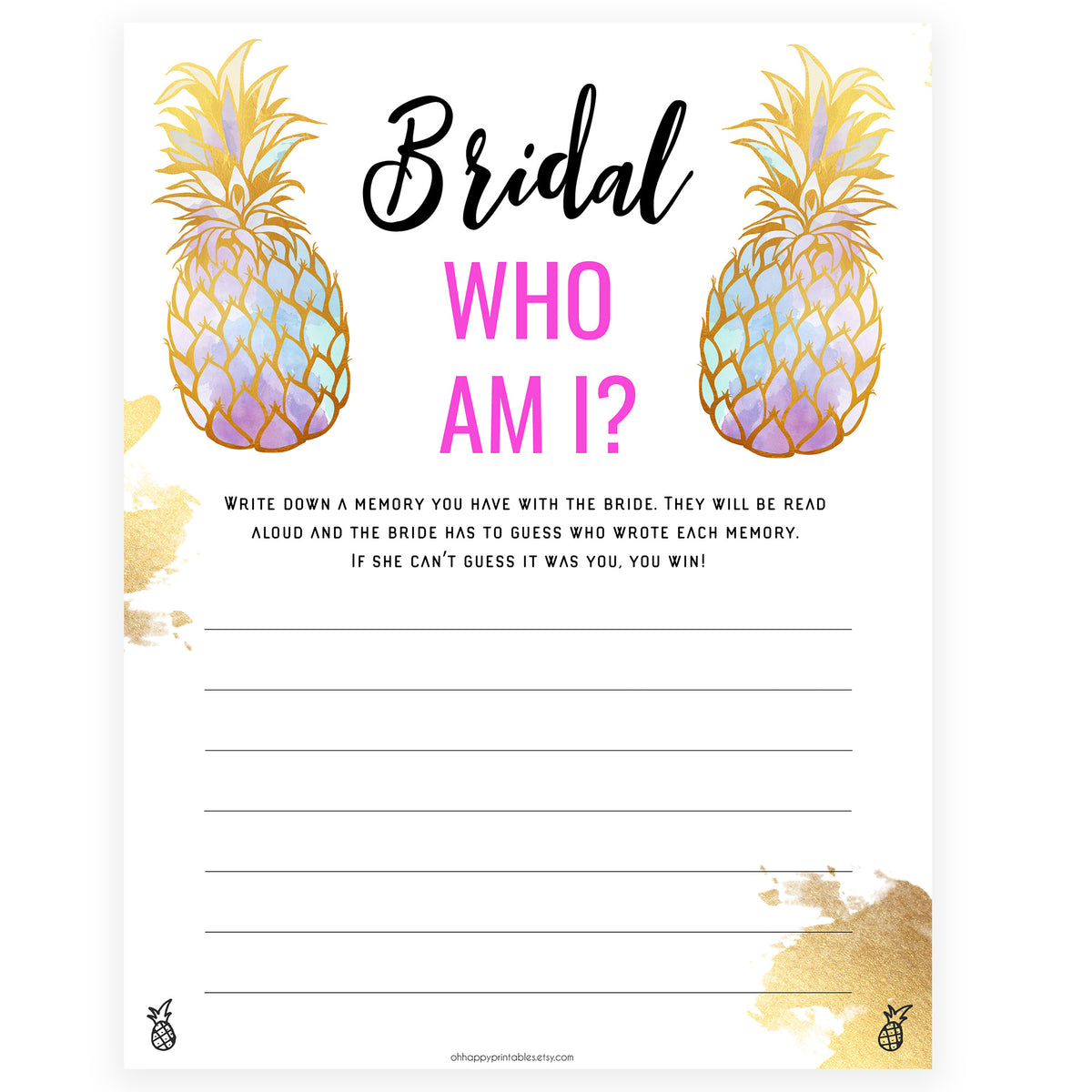 Bridal Shower Who Am I - Gold Pineapple