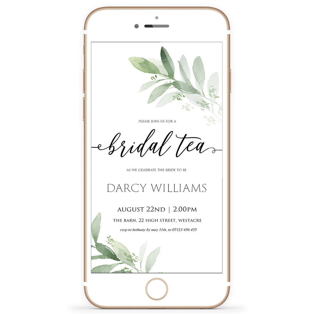bridal tea party invite, greenery bridal shower invite, mobile invites, editable bridal shower invite, corjl bridal invite, bachelorette party invite