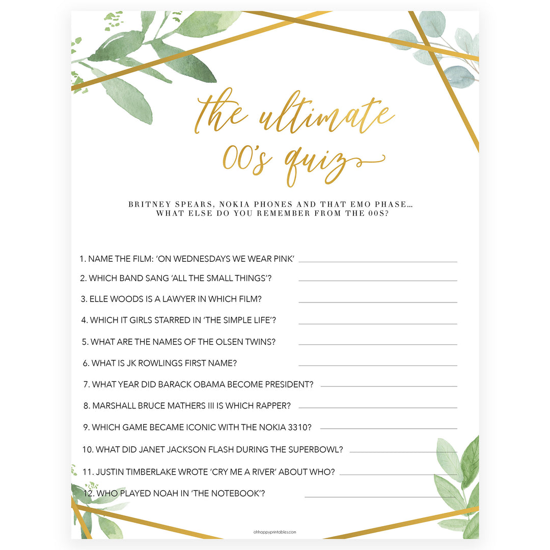 the ultimate 00s quiz game, printable bridal shower games, fun bridal shower games, floral bridal shower, gold bridal shower games