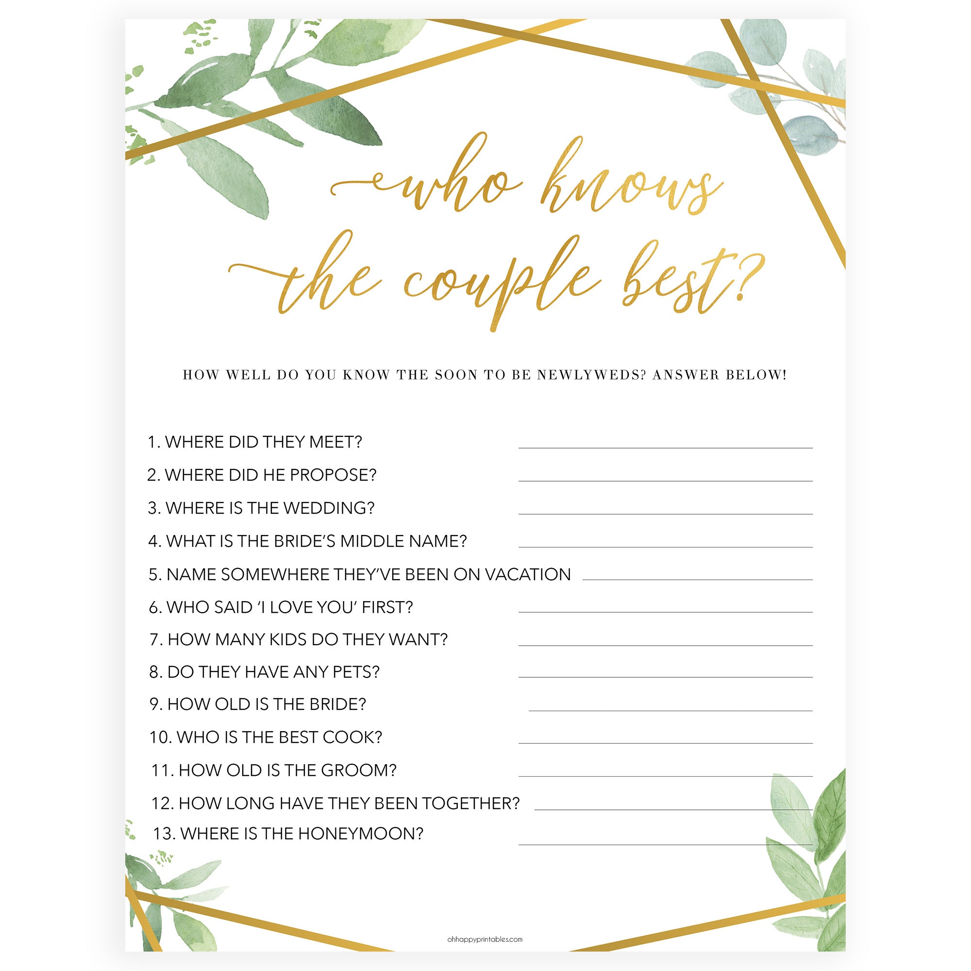 who knows the couple best game, printable baby shower games, floral bridal shower games, gold bridal shower games, bridal shower games
