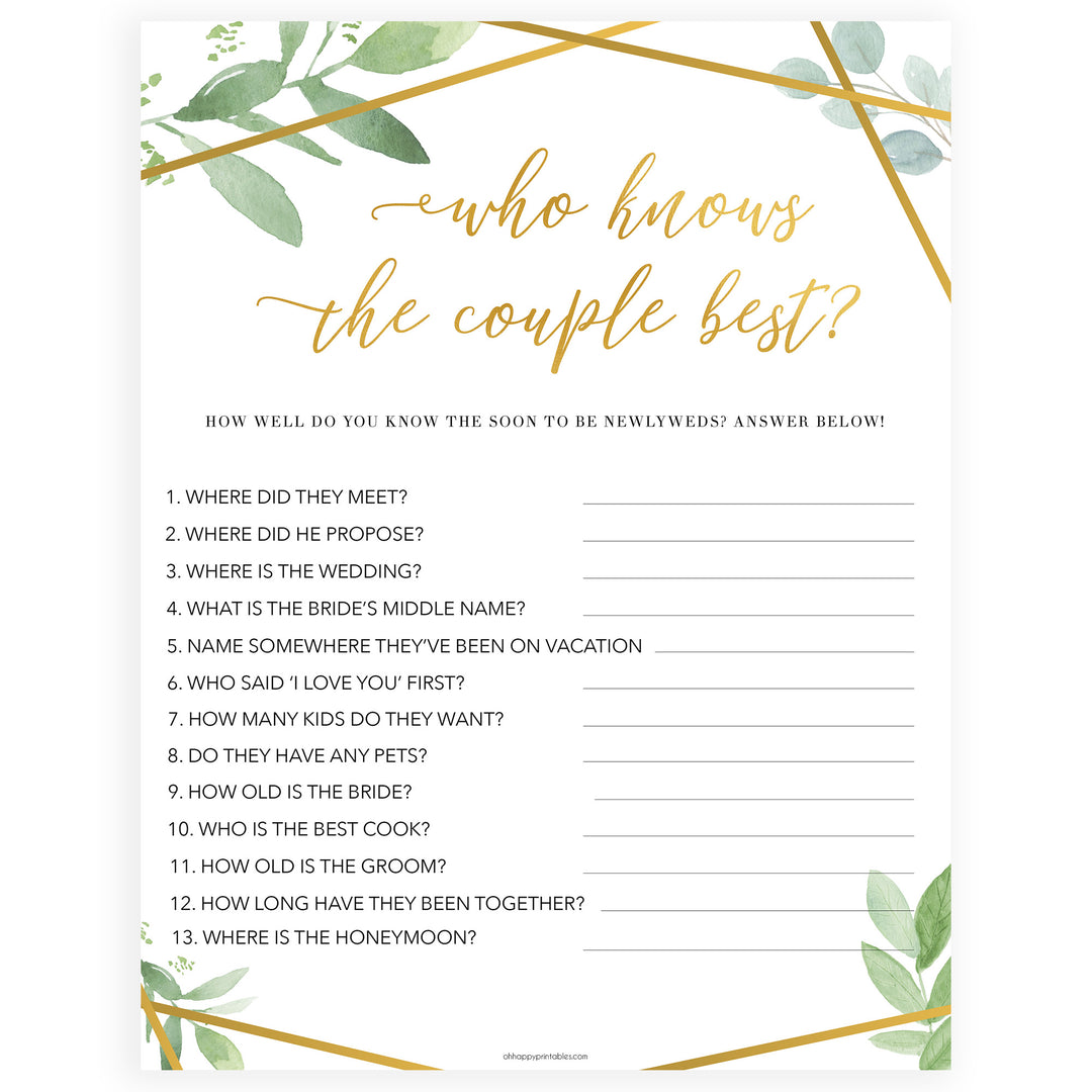 who knows the couple best game, printable baby shower games, floral bridal shower games, gold bridal shower games, bridal shower games