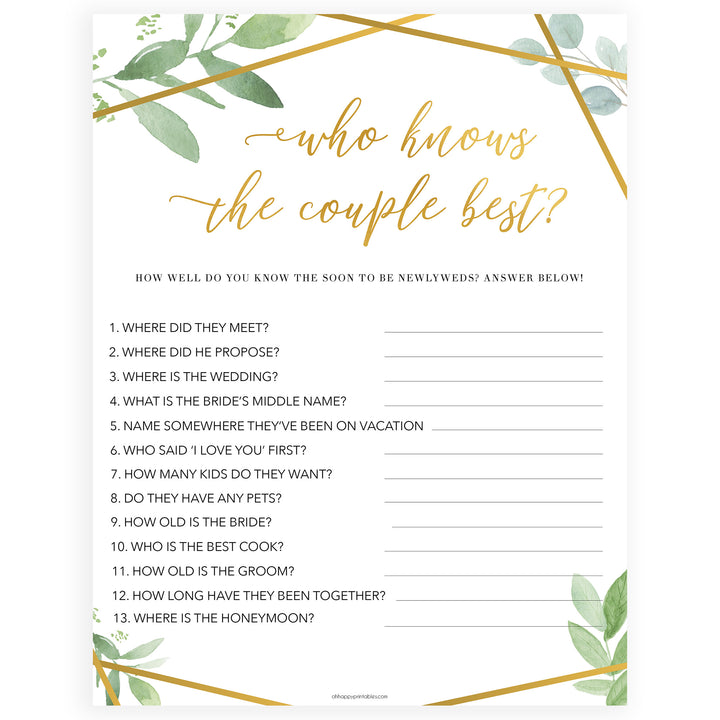 who knows the couple best game, printable baby shower games, floral bridal shower games, gold bridal shower games, bridal shower games