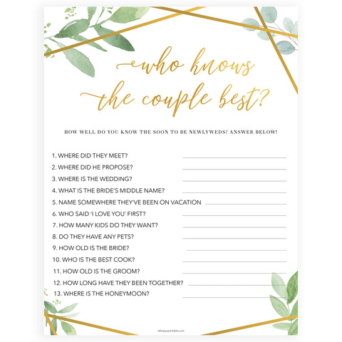 who knows the couple best game, printable baby shower games, floral bridal shower games, gold bridal shower games, bridal shower games