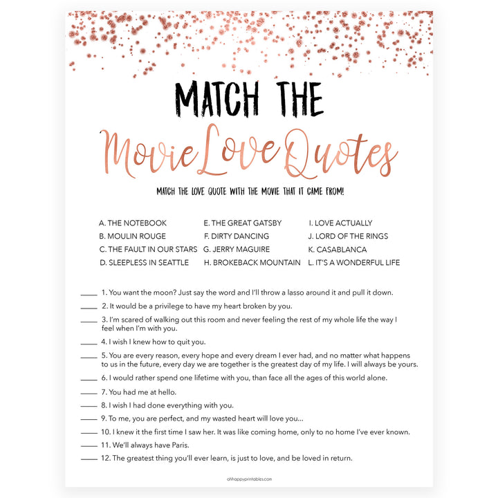 Match the Movie Love Quotes - Rose Gold Foil