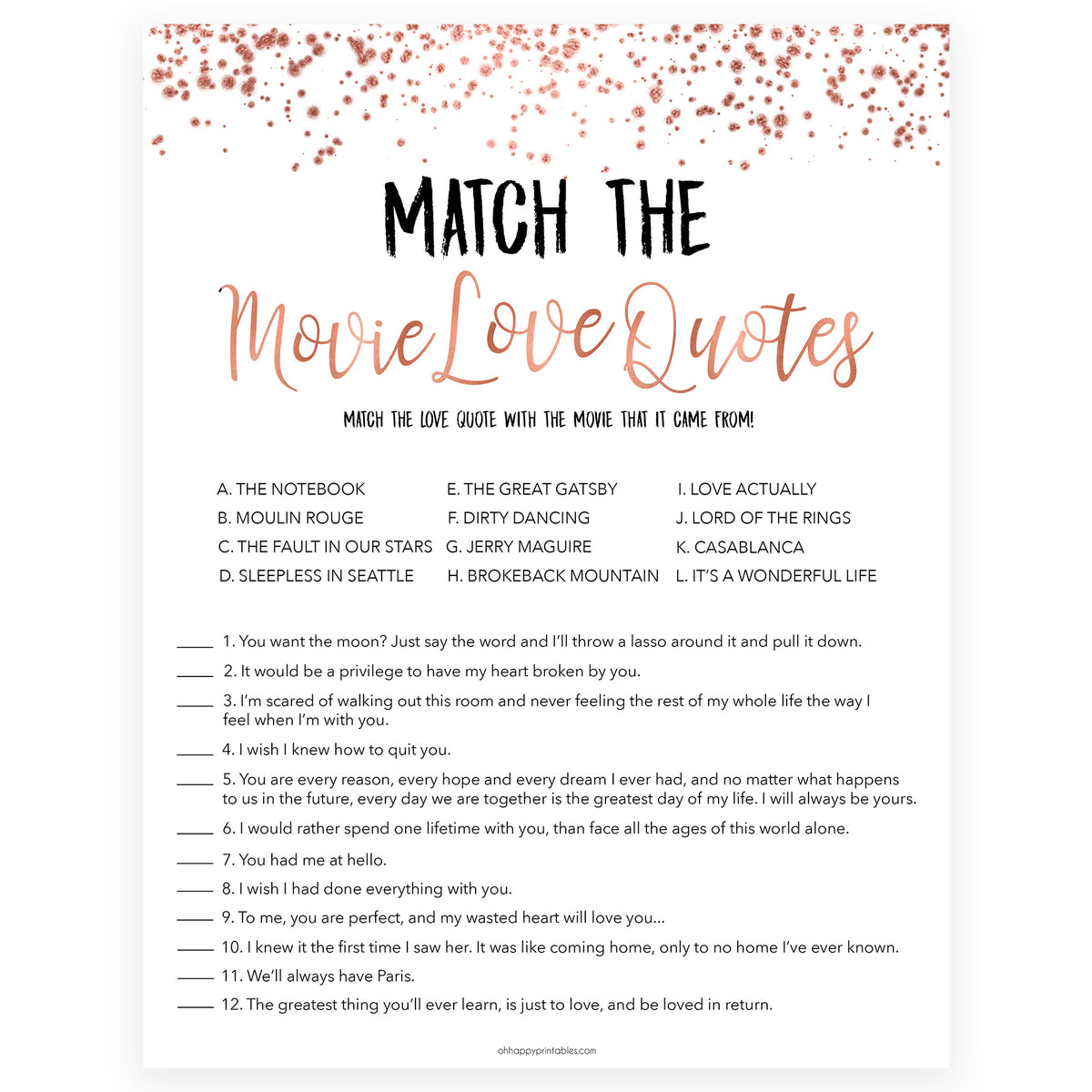 Match the Movie Love Quotes - Rose Gold Foil