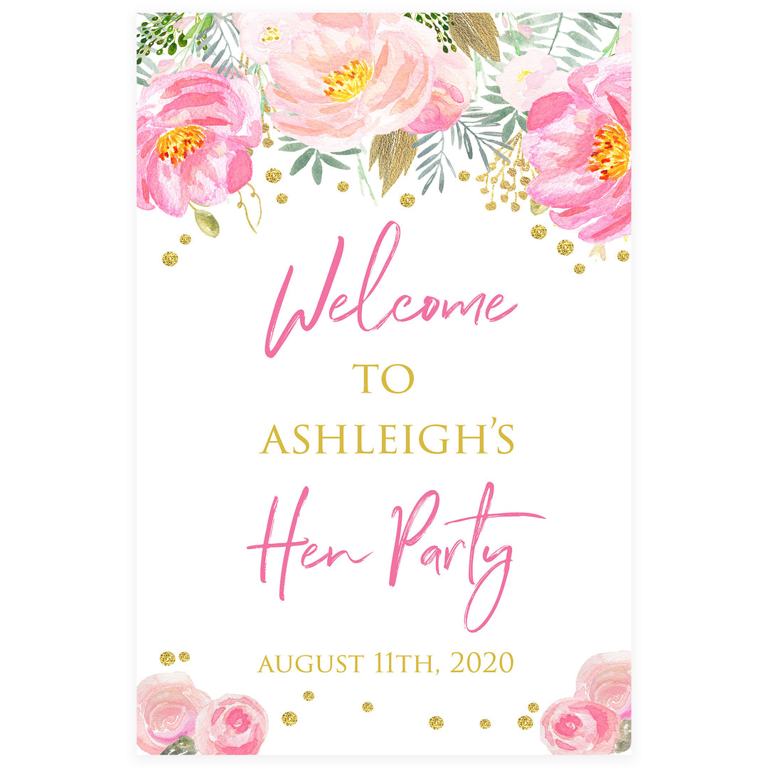 Hen party welcome sign, printable bridal shower games, blush floral bridal shower games, fun bridal shower games
