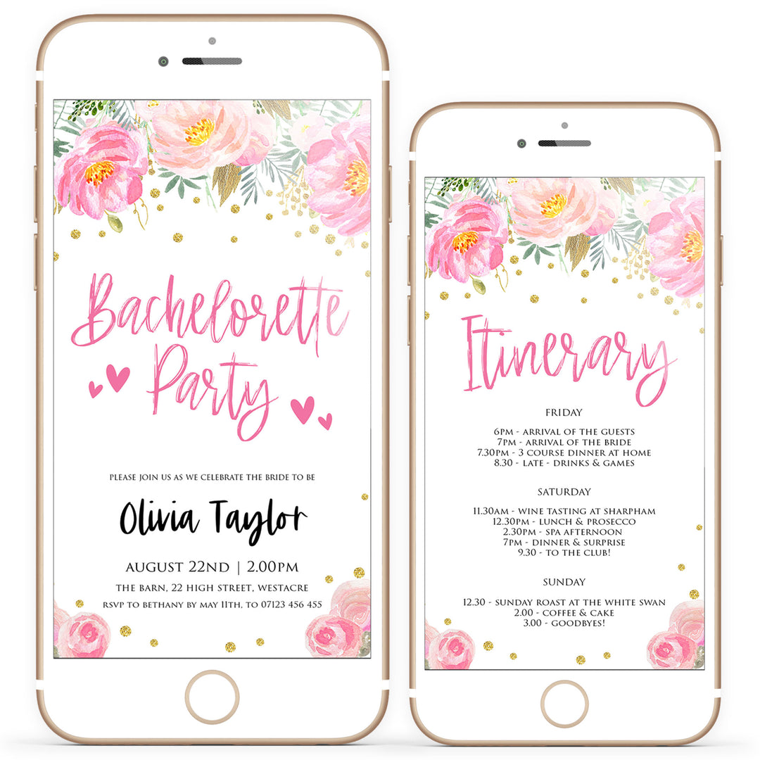 bachelorette party mobile invitation, bridal shower invitation, blush gold bridal shower, gold bachelorette invite