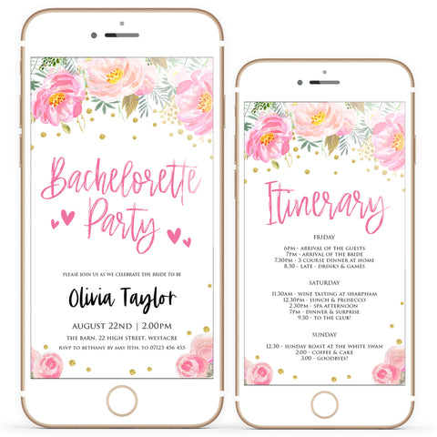 bachelorette party mobile invitation, bridal shower invitation, blush gold bridal shower, gold bachelorette invite