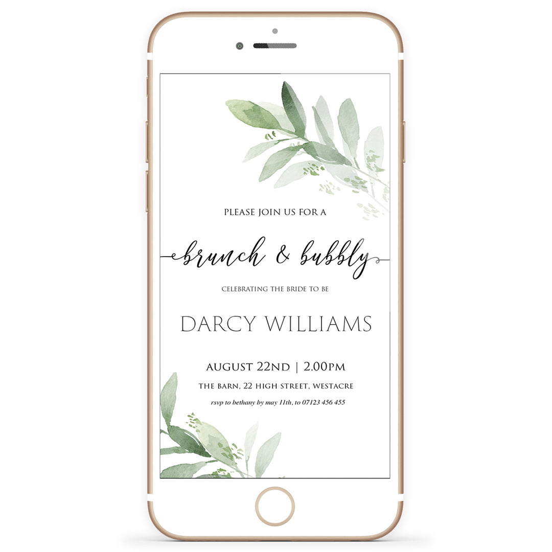 brunch and bubbly mobiel invite greenery bridal shower invite, mobile invites, editable bridal shower invite, corjl bridal invite, bachelorette party invite
