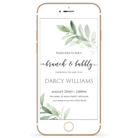 brunch and bubbly mobiel invite greenery bridal shower invite, mobile invites, editable bridal shower invite, corjl bridal invite, bachelorette party invite