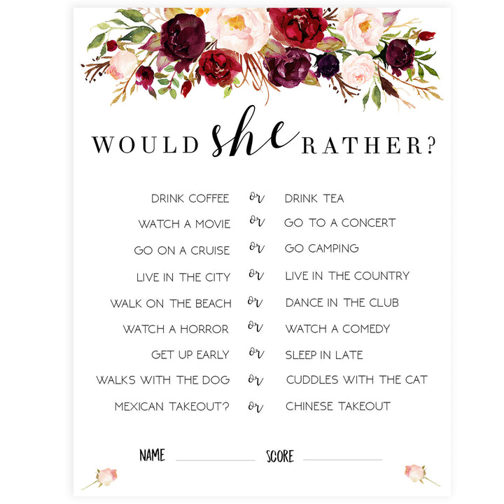 Would She Rather Bridal Game - White Marsala