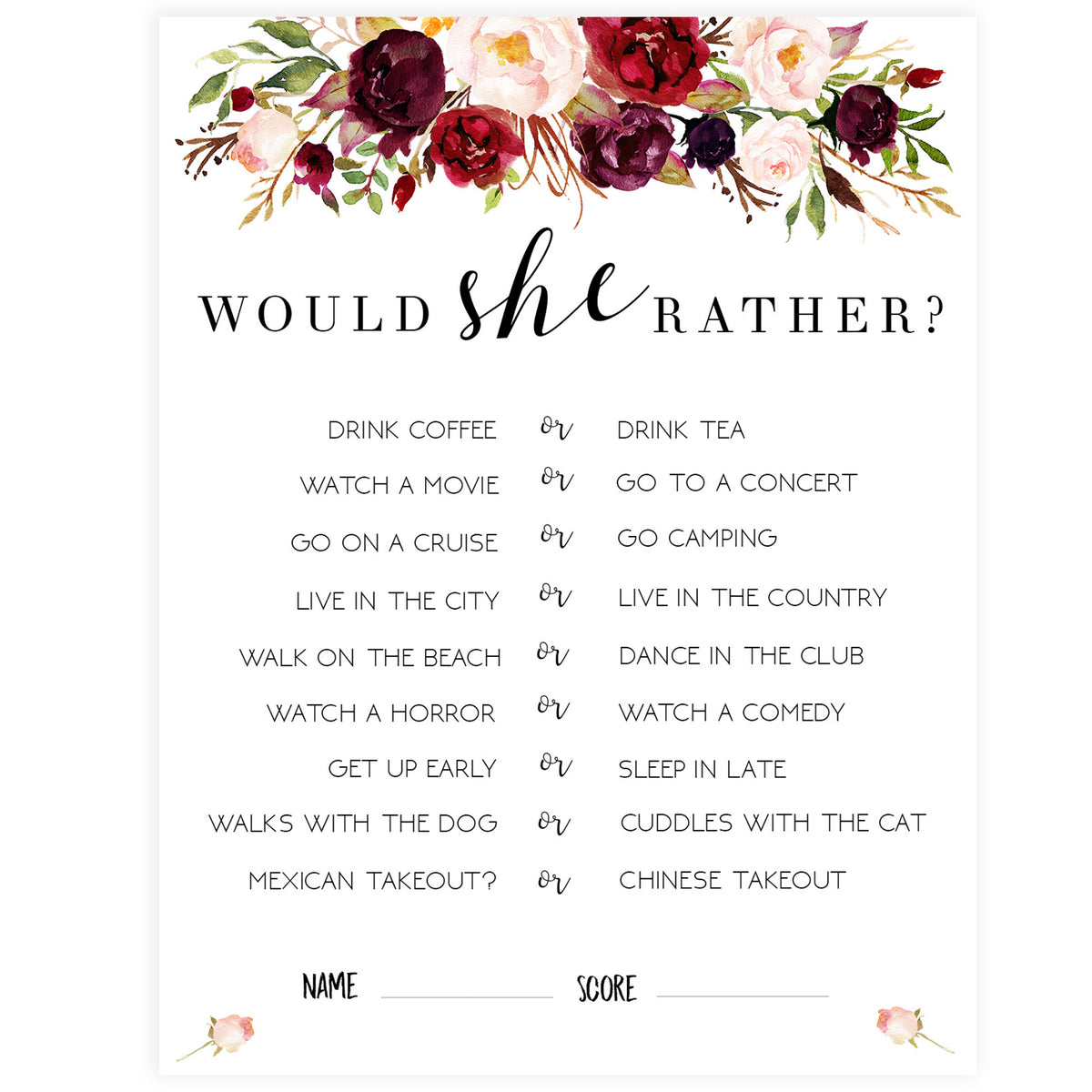 Would She Rather Bridal Game - White Marsala
