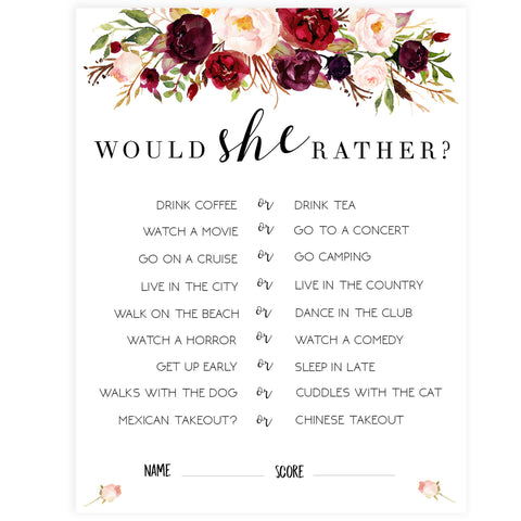 Would She Rather Bridal Game - White Marsala