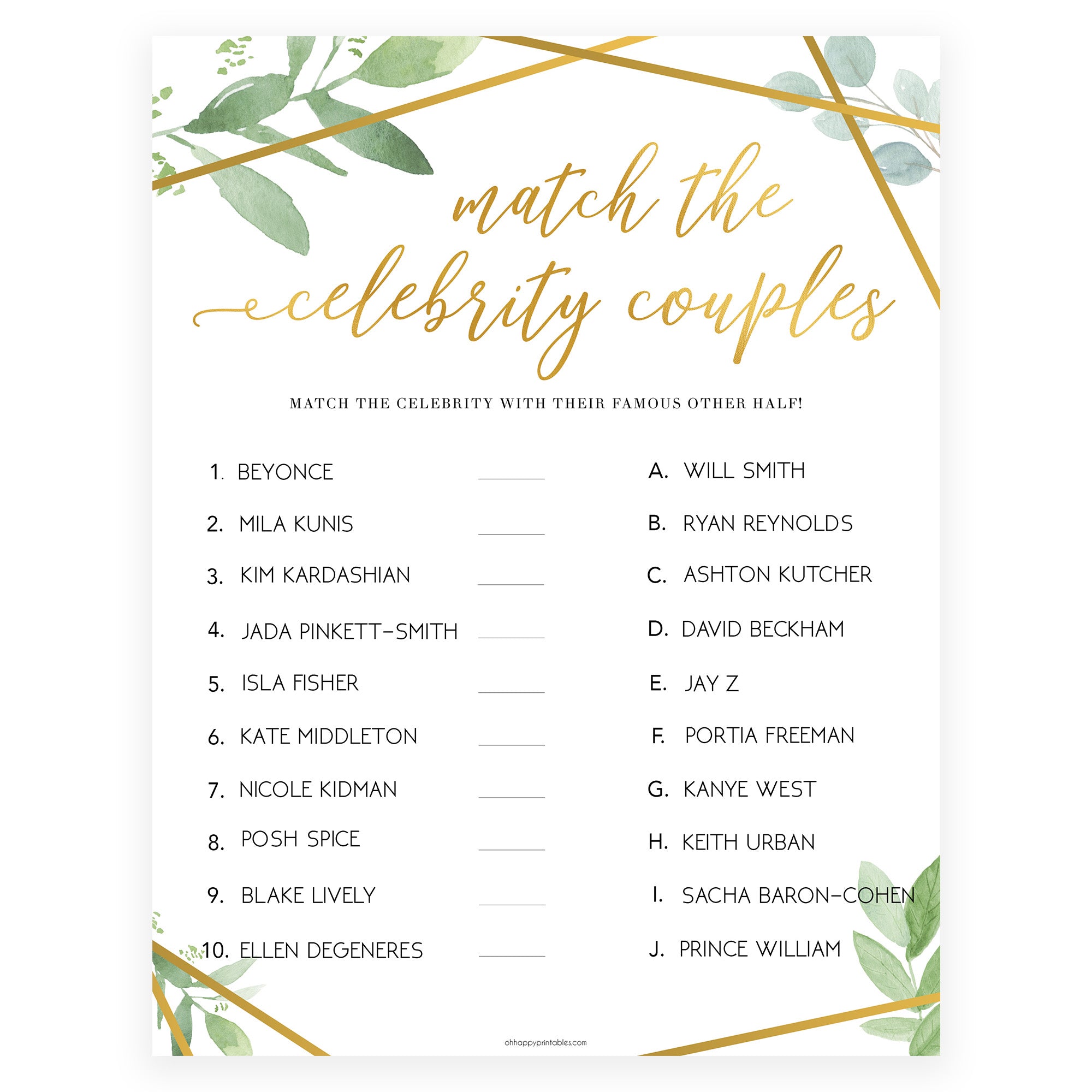 Match Celebrity Couples Game - Gold Greenery