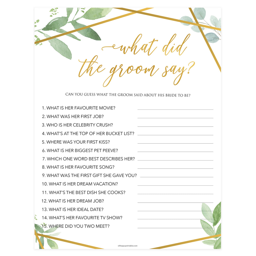 what did the groom say game, bridal shower games, floral bridal shower games, gold bridal shower games, printable baby shower games