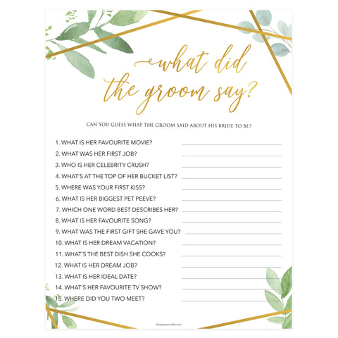 what did the groom say game, bridal shower games, floral bridal shower games, gold bridal shower games, printable baby shower games