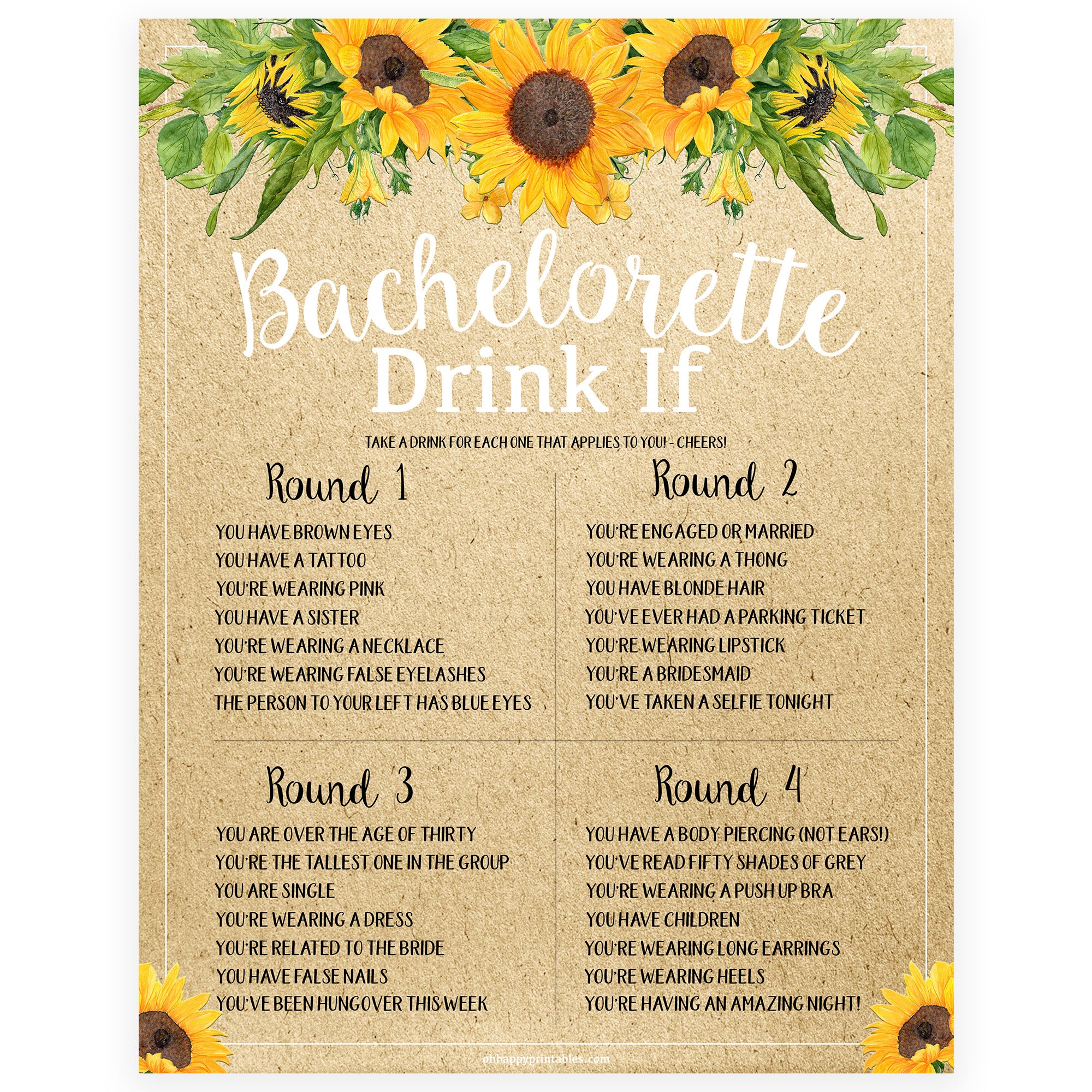 Bachelorette Drink If Game - Sunflowers