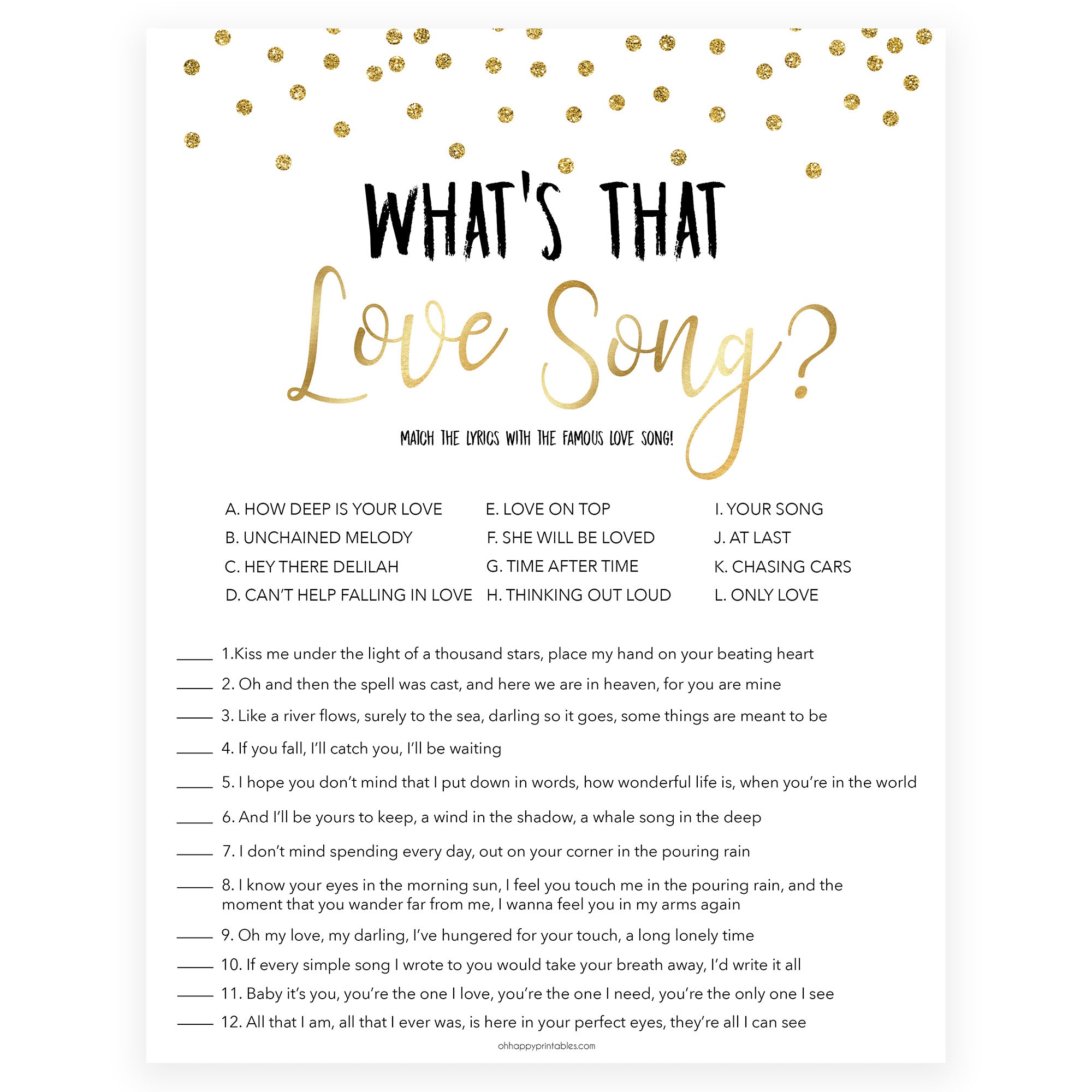 whats that love song, love song game, Printable bridal shower games, gold glitter bridal shower, gold glitter bridal shower games, fun bridal shower games, bridal shower game ideas, gold glitter bridal shower