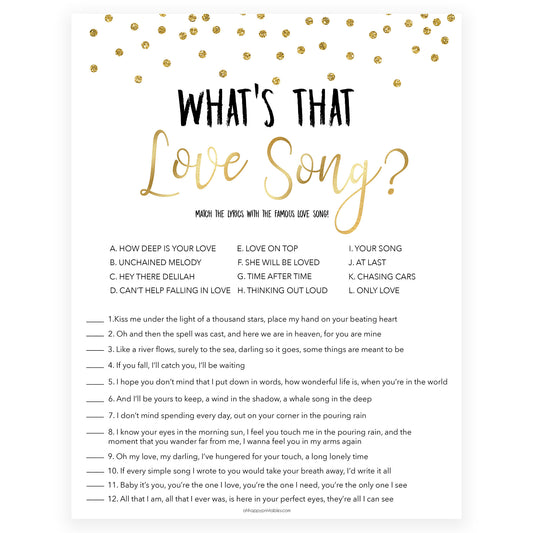 whats that love song, love song game, Printable bridal shower games, gold glitter bridal shower, gold glitter bridal shower games, fun bridal shower games, bridal shower game ideas, gold glitter bridal shower