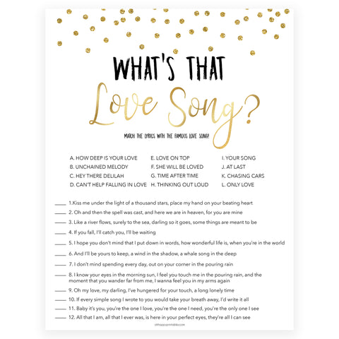 whats that love song, love song game, Printable bridal shower games, gold glitter bridal shower, gold glitter bridal shower games, fun bridal shower games, bridal shower game ideas, gold glitter bridal shower