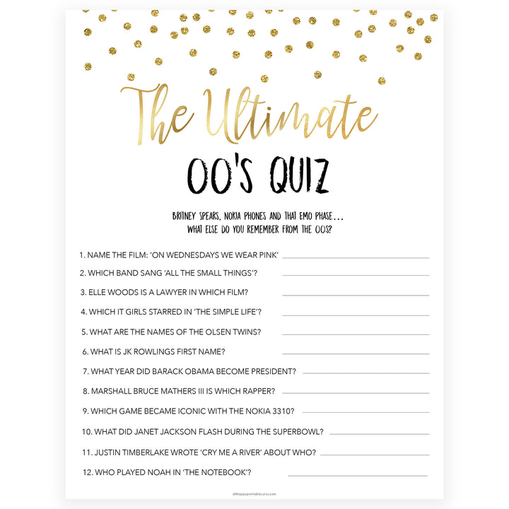 ultimate 00s quiz game, Printable bachelorette games, gold glitter bachelorette, friends hen party games, fun hen party games, bachelorette game ideas, gold glitter adult party games, naughty hen games, naughty bachelorette games