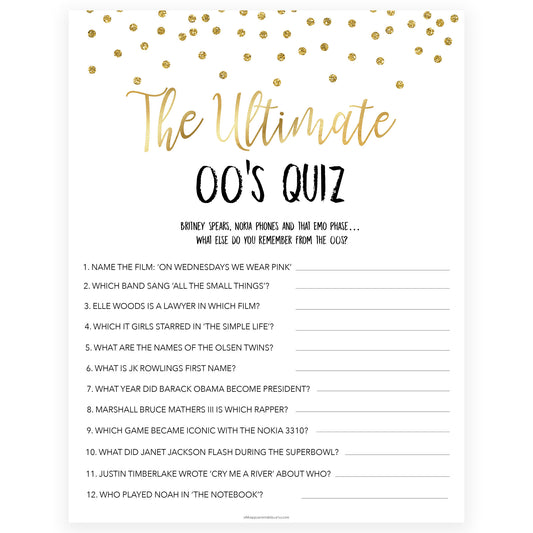 ultimate 00s quiz game, Printable bachelorette games, gold glitter bachelorette, friends hen party games, fun hen party games, bachelorette game ideas, gold glitter adult party games, naughty hen games, naughty bachelorette games